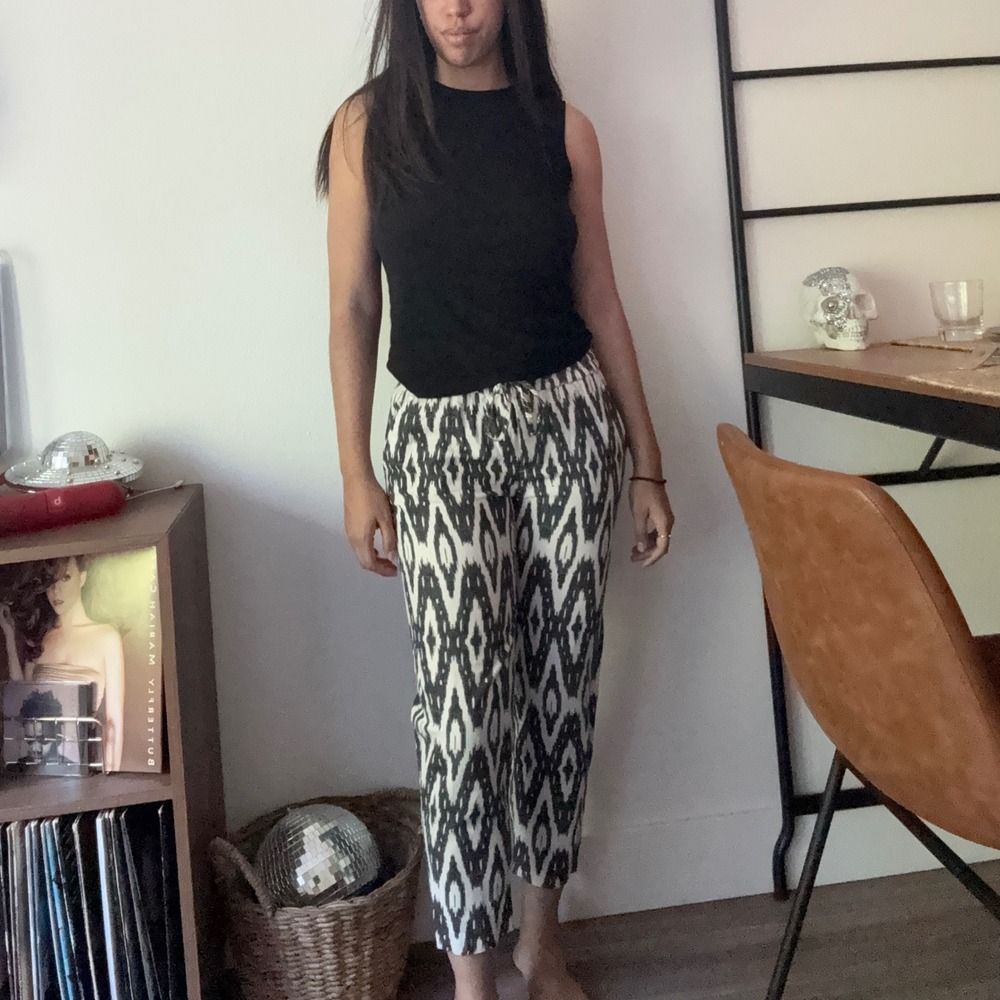 JCrew Seaside Pant Black White Ikat Diamond Linen Cotton Blend Size 2 C3936